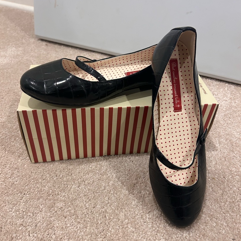 Black Croc-Embossed Mary Jane Flats with Adjustable Strap